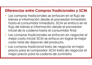 Diferencias entre Compras Tradicionales y SCM
• Las compras tradicionales se enfocan en el flujo de
bienes e información desde el proveedor inmediato
hasta el consumidor inmediato. SCM se enfoca en el
flujo de bienes e información desde el proveedor
inicial de la cadena hasta el consumidor final.
• Las compras tradicionales se enfocan en negociar el
mejor costo inicial; SCM se enfoca en lograr el mejor
costo total de disponer del producto.
• Las compras tradicional trata de negociar el mejor
precio para el comprador; SCM trata de negociar el
mejor precio para la cadena de suministro
 