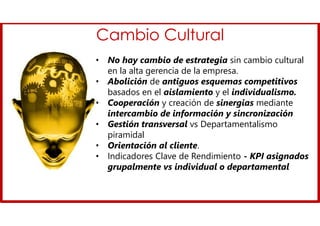 Cambio Cultural
• No hay cambio de estrategia sin cambio cultural
en la alta gerencia de la empresa.
• Abolición de antiguos esquemas competitivos
basados en el aislamiento y el individualismo.
• Cooperación y creación de sinergias mediante
intercambio de información y sincronización
• Gestión transversal vs Departamentalismo
piramidal
• Orientación al cliente.
• Indicadores Clave de Rendimiento - KPI asignados
grupalmente vs individual o departamental
 