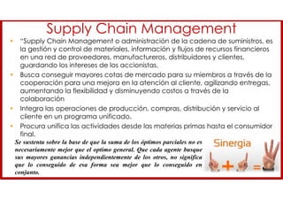 Supply Chain Management
• “Supply Chain Management o administración de la cadena de suministros, es
la gestión y control de materiales, información y flujos de recursos financieros
en una red de proveedores, manufactureros, distribuidores y clientes,
guardando los intereses de los accionistas.
• Busca conseguir mayores cotas de mercado para su miembros a través de la
cooperación para una mejora en la atención al cliente, agilizando entregas,
aumentando la flexibilidad y disminuyendo costos a través de la
colaboración
• Integra las operaciones de producción, compras, distribución y servicio al
cliente en un programa unificado.
• Procura unifica las actividades desde las materias primas hasta el consumidor
final.
Se sustenta sobre la base de que la suma de los óptimos parciales no es
necesariamente mejor que el optimo general. Que cada agente busque
sus mayores ganancias independientemente de los otros, no significa
que lo conseguido de esa forma sea mejor que lo conseguido en
conjunto.
 
