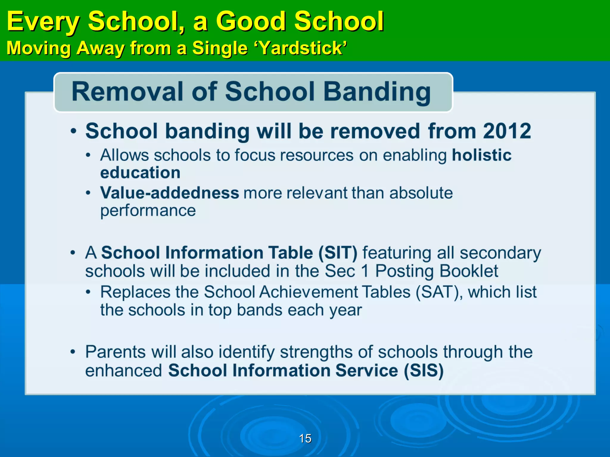 Every School, a Good School
Removing School Banding
Moving Away from a Single ‘Yardstick’




                            15
 