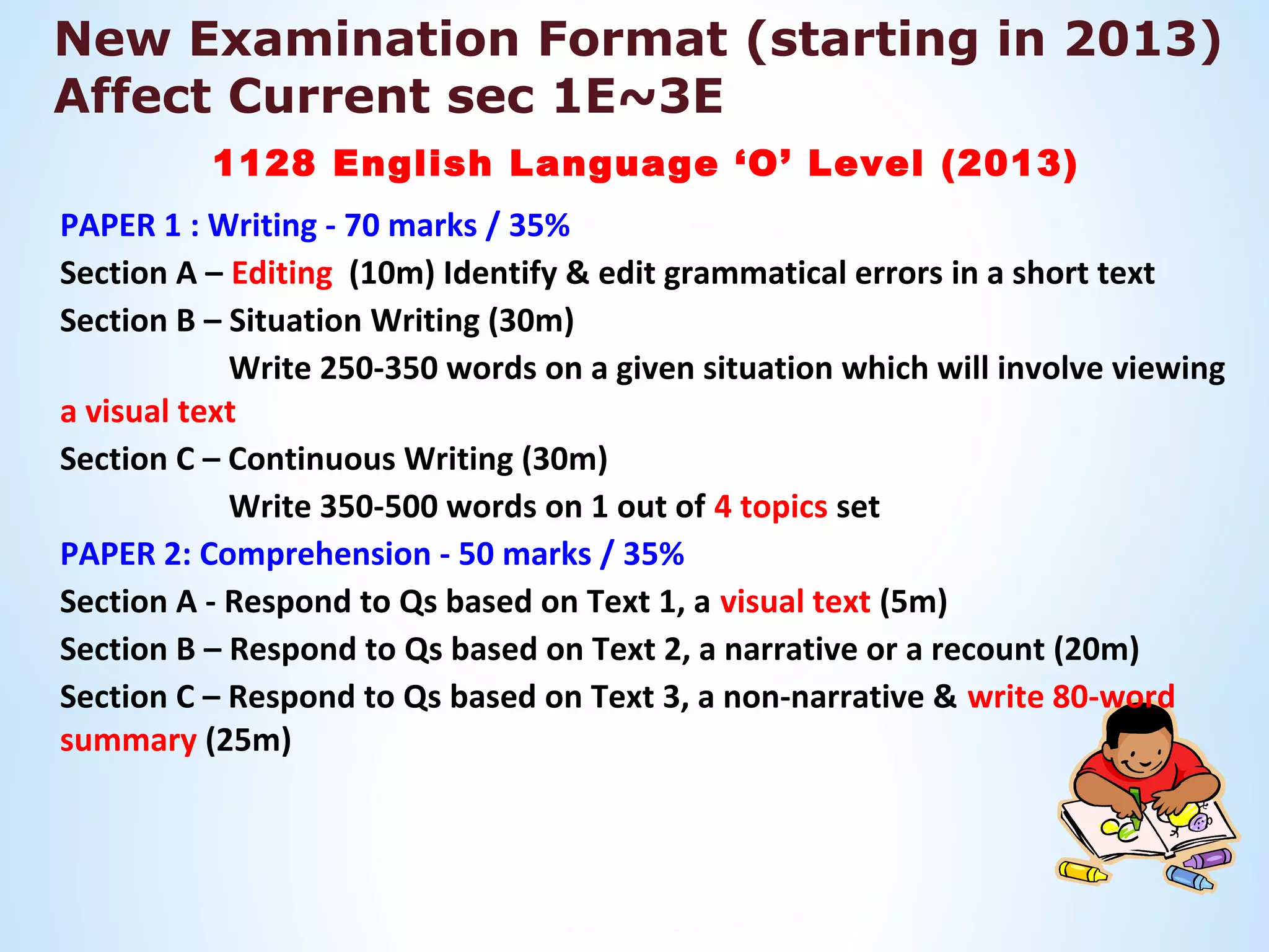 New Examination Format (starting in 2013)
Affect Current sec 1E~3E
          1128 English Language ‘O’ Level (2013)
PAPER 1 : Writing - 70 marks / 35%
Section A – Editing (10m) Identify & edit grammatical errors in a short text
Section B – Situation Writing (30m)
            Write 250-350 words on a given situation which will involve viewing
a visual text
Section C – Continuous Writing (30m)
            Write 350-500 words on 1 out of 4 topics set
PAPER 2: Comprehension - 50 marks / 35%
Section A - Respond to Qs based on Text 1, a visual text (5m)
Section B – Respond to Qs based on Text 2, a narrative or a recount (20m)
Section C – Respond to Qs based on Text 3, a non-narrative & write 80-word
summary (25m)
 