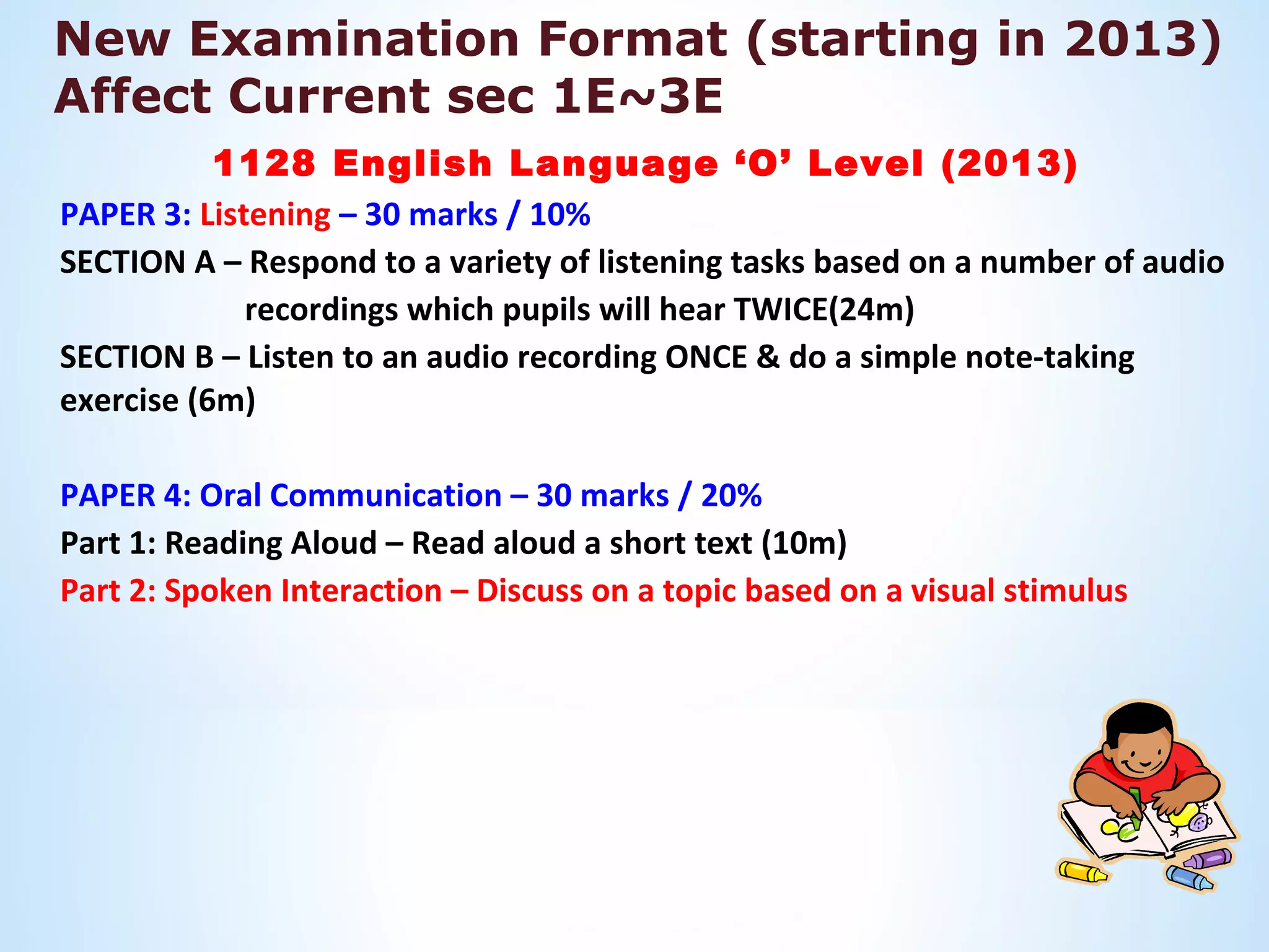 New Examination Format (starting in 2013)
Affect Current sec 1E~3E
           1128 English Language ‘O’ Level (2013)
PAPER 3: Listening – 30 marks / 10%
SECTION A – Respond to a variety of listening tasks based on a number of audio
             recordings which pupils will hear TWICE(24m)
SECTION B – Listen to an audio recording ONCE & do a simple note-taking
exercise (6m)

PAPER 4: Oral Communication – 30 marks / 20%
Part 1: Reading Aloud – Read aloud a short text (10m)
Part 2: Spoken Interaction – Discuss on a topic based on a visual stimulus
 
