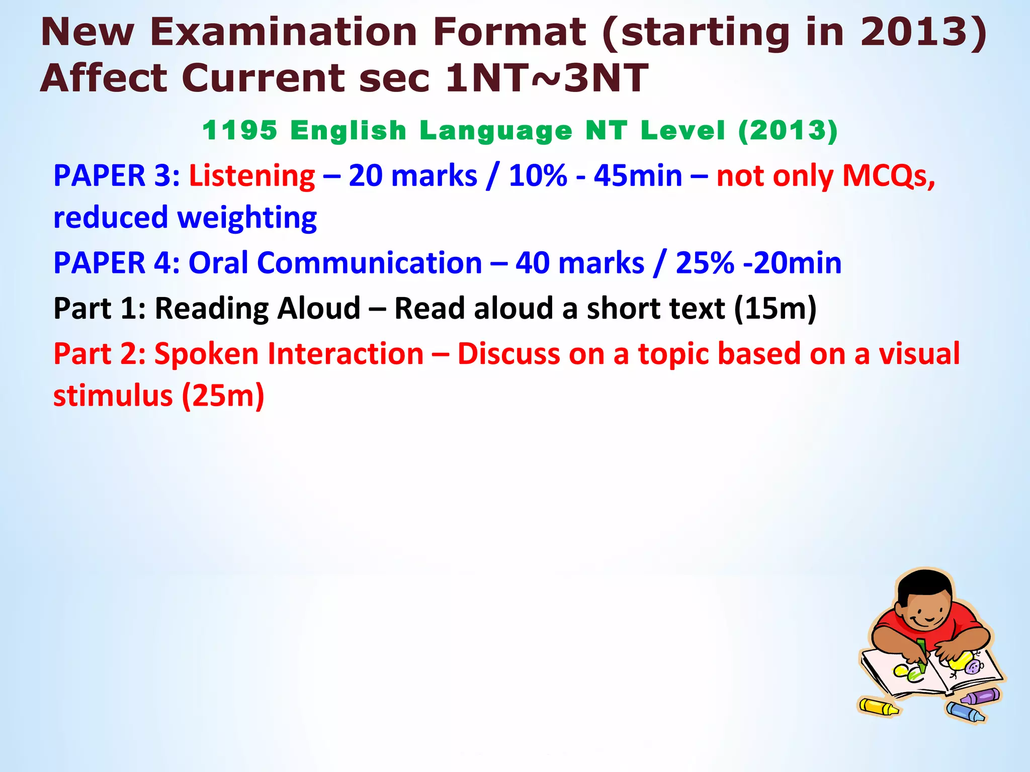 New Examination Format (starting in 2013)
Affect Current sec 1NT~3NT
          1195 English Language NT Level (2013)
PAPER 3: Listening – 20 marks / 10% - 45min – not only MCQs,
reduced weighting
PAPER 4: Oral Communication – 40 marks / 25% -20min
Part 1: Reading Aloud – Read aloud a short text (15m)
Part 2: Spoken Interaction – Discuss on a topic based on a visual
stimulus (25m)
 