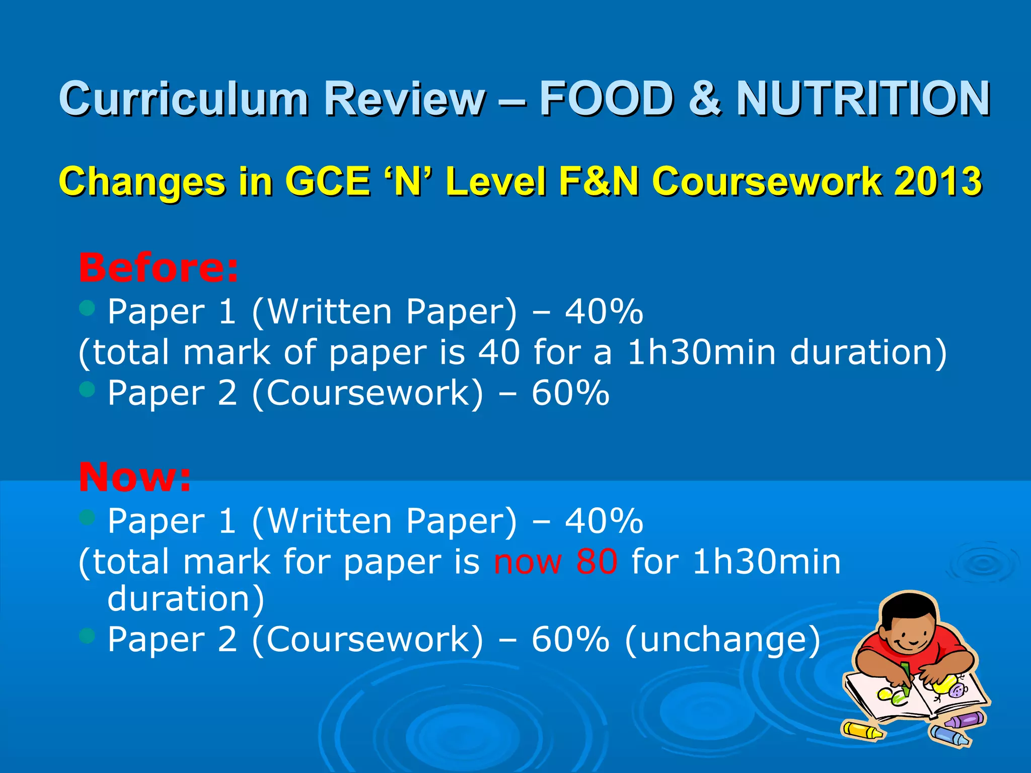 Curriculum Review – FOOD & NUTRITION
Changes in GCE ‘N’ Level F&N Coursework 2013

Before:
 Paper 1 (Written Paper) – 40%
(total mark of paper is 40 for a 1h30min duration)
 Paper 2 (Coursework) – 60%


Now:
 Paper 1 (Written Paper) – 40%
(total mark for paper is now 80 for 1h30min
  duration)
 Paper 2 (Coursework) – 60% (unchange)
 