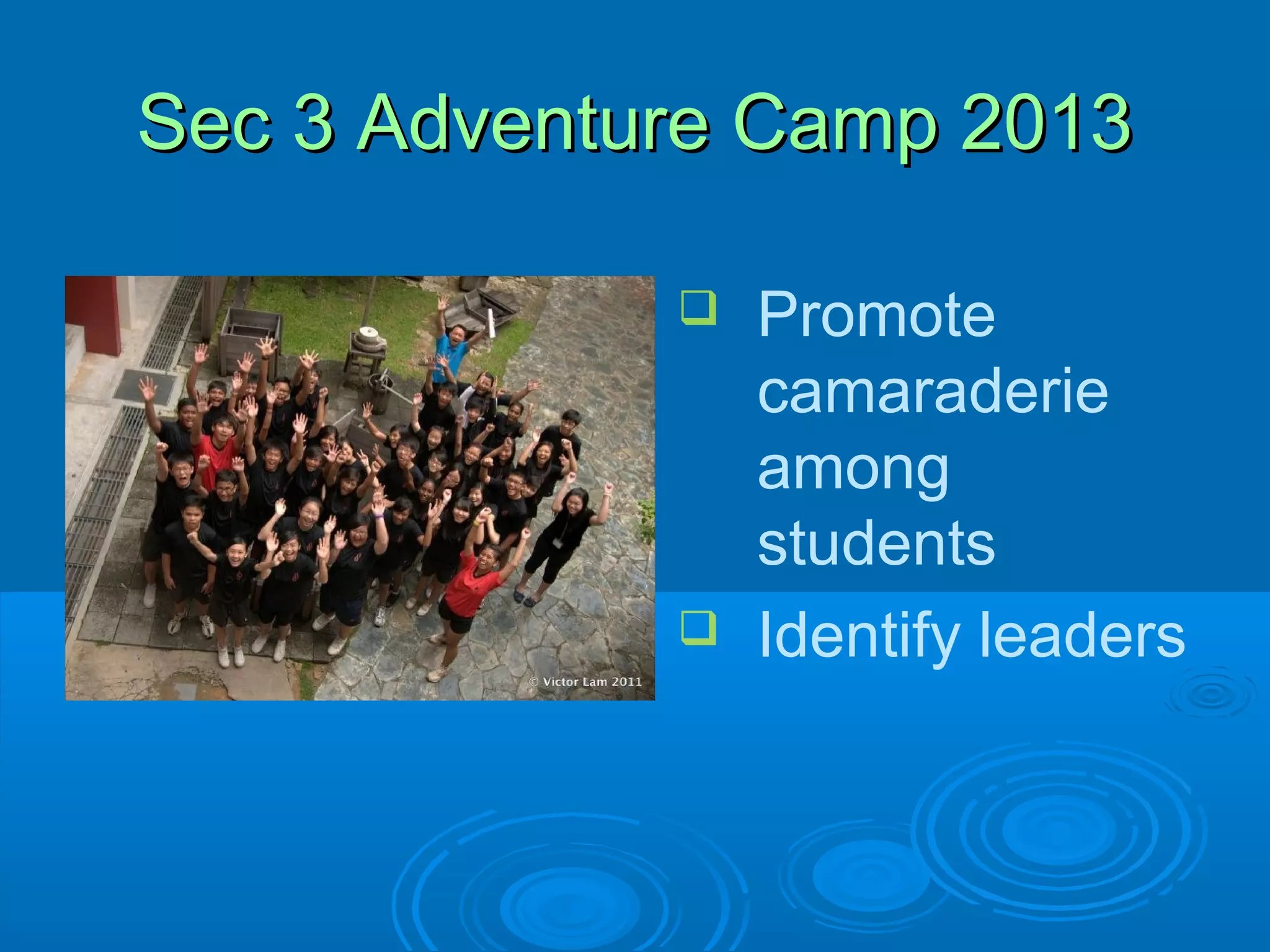 Sec 3 Adventure Camp 2013

                Promote
                 camaraderie
                 among
                 students
                Identify leaders
 