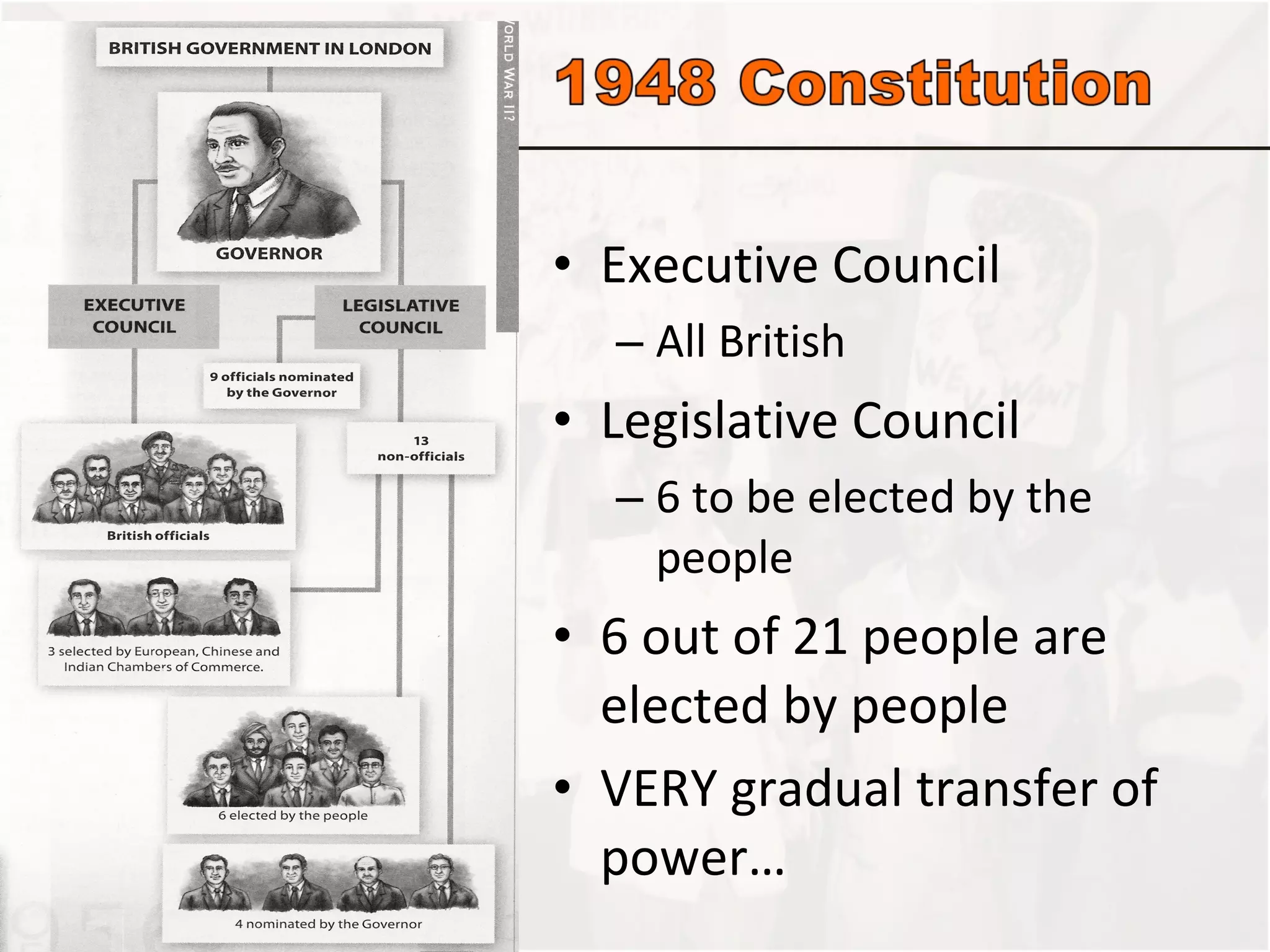 Executive Council All British Legislative Council 6 to be elected by the people 6 out of 21 people are elected by people VERY gradual transfer of power… 