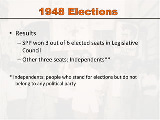 Results SPP won 3 out of 6 elected seats in Legislative Council Other three seats: Independents** * Independents: people who stand for elections but do not belong to any political party 