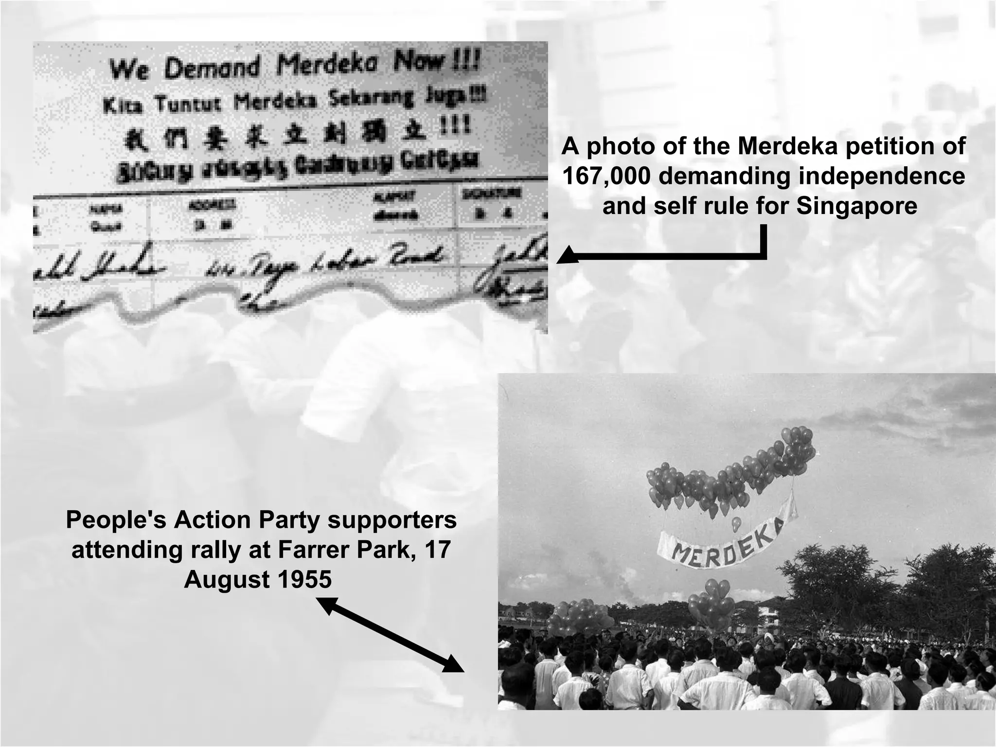 A photo of the Merdeka petition of 167,000 demanding independence and self rule for Singapore  People's Action Party supporters attending rally at Farrer Park, 17 August 1955  