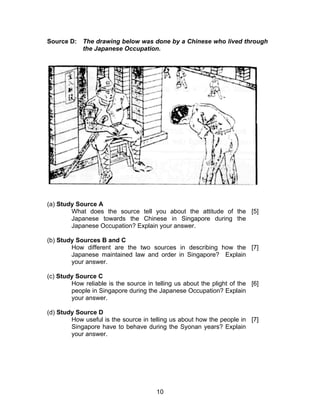 Source D: The drawing below was done by a Chinese who lived through
          the Japanese Occupation.




(a) Study Source A
        What does the source tell you about the attitude of the [5]
        Japanese towards the Chinese in Singapore during the
        Japanese Occupation? Explain your answer.

(b) Study Sources B and C
        How different are the two sources in describing how the [7]
        Japanese maintained law and order in Singapore? Explain
        your answer.

(c) Study Source C
        How reliable is the source in telling us about the plight of the [6]
        people in Singapore during the Japanese Occupation? Explain
        your answer.

(d) Study Source D
        How useful is the source in telling us about how the people in [7]
        Singapore have to behave during the Syonan years? Explain
        your answer.




                                       10
 