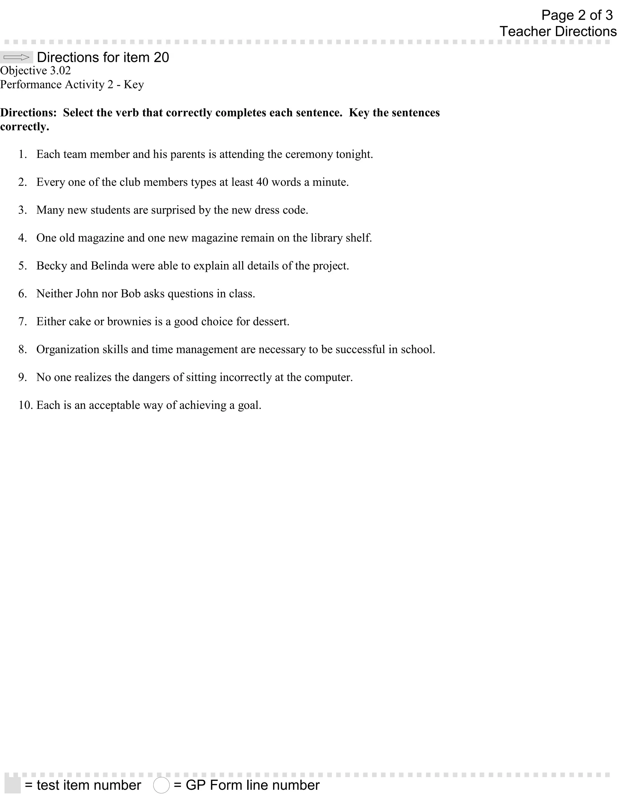 Page 2 of 3
                                                                                          Teacher Directions
       Directions for item 20
Objective 3.02
Performance Activity 2 - Key

Directions: Select the verb that correctly completes each sentence. Key the sentences
correctly.

   1. Each team member and his parents is attending the ceremony tonight.

   2. Every one of the club members types at least 40 words a minute.

   3. Many new students are surprised by the new dress code.

   4. One old magazine and one new magazine remain on the library shelf.

   5. Becky and Belinda were able to explain all details of the project.

   6. Neither John nor Bob asks questions in class.

   7. Either cake or brownies is a good choice for dessert.

   8. Organization skills and time management are necessary to be successful in school.

   9. No one realizes the dangers of sitting incorrectly at the computer.

   10. Each is an acceptable way of achieving a goal.




    = test item number             = GP Form line number
 
