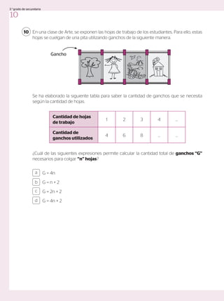 En una clase de Arte, se exponen las hojas de trabajo de los estudiantes. Para ello, estas
hojas se cuelgan de una pita utilizando ganchos de la siguiente manera.
10
Se ha elaborado la siguiente tabla para saber la cantidad de ganchos que se necesita
según la cantidad de hojas.
¿Cuál de las siguientes expresiones permite calcular la cantidad total de ganchos “G”
necesarios para colgar “n” hojas?
Cantidad de hojas
de trabajo
1 2 3 4 …
Cantidad de
ganchos utilizados
4 6 8 … …
G = 4n
G = n + 2
G = 2n + 2
G = 4n + 2
a
c
b
d
Gancho
10
3.°grado de secundaria
 