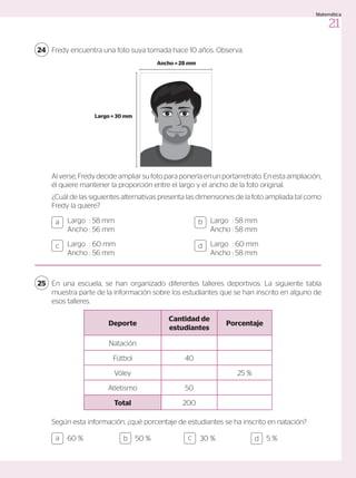 En una escuela, se han organizado diferentes talleres deportivos. La siguiente tabla
muestra parte de la información sobre los estudiantes que se han inscrito en alguno de
esos talleres.
Según esta información, ¿qué porcentaje de estudiantes se ha inscrito en natación?
25
Deporte
Cantidad de
estudiantes
Porcentaje
Natación
Fútbol 40
Vóley 25 %
Atletismo 50
Total 200
60 % 50 % 30 % 5 %
a c
b d
Fredy encuentra una foto suya tomada hace 10 años. Observa.
Al verse, Fredy decide ampliar su foto para ponerla en un portarretrato. En esta ampliación,
él quiere mantener la proporción entre el largo y el ancho de la foto original.
¿Cuál de las siguientes alternativas presenta las dimensiones de la foto ampliada tal como
Fredy la quiere?
24
Ancho = 28 mm
Largo = 30 mm
Largo	 : 58 mm
Ancho	: 56 mm
Largo	 : 58 mm
Ancho	: 58 mm
Largo	 : 60 mm
Ancho	: 56 mm
Largo	 : 60 mm
Ancho	: 58 mm
a b
c d
21
Matemática
 