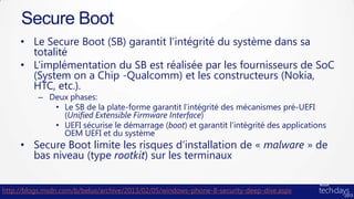 Secure Boot
     • Le Secure Boot (SB) garantit l’intégrité du système dans sa
       totalité
     • L’implémentation du SB est réalisée par les fournisseurs de SoC
       (System on a Chip -Qualcomm) et les constructeurs (Nokia,
       HTC, etc.).
          – Deux phases:
             • Le SB de la plate-forme garantit l’intégrité des mécanismes pré-UEFI
               (Unified Extensible Firmware Interface)
             • UEFI sécurise le démarrage (boot) et garantit l’intégrité des applications
               OEM UEFI et du système
     • Secure Boot limite les risques d’installation de « malware » de
       bas niveau (type rootkit) sur les terminaux


http://blogs.msdn.com/b/belux/archive/2013/02/05/windows-phone-8-security-deep-dive.aspx
 