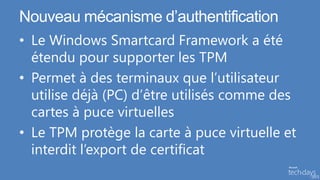 Nouveau mécanisme d’authentification
• Le Windows Smartcard Framework a été
  étendu pour supporter les TPM
• Permet à des terminaux que l’utilisateur
  utilise déjà (PC) d’être utilisés comme des
  cartes à puce virtuelles
• Le TPM protège la carte à puce virtuelle et
  interdit l’export de certificat
 