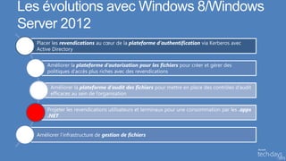 Les évolutions avec Windows 8/Windows
Server 2012
  Placer les revendications au cœur de la plateforme d’authentification via Kerberos avec
  Active Directory


      Améliorer la plateforme d’autorisation pour les fichiers pour créer et gérer des
      politiques d’accès plus riches avec des revendications


        Améliorer la plateforme d’audit des fichiers pour mettre en place des contrôles d’audit
        efficaces au sein de l’organisation


      Projeter les revendications utilisateurs et terminaux pour une consommation par les .apps
      .NET


  Améliorer l’infrastructure de gestion de fichiers
 