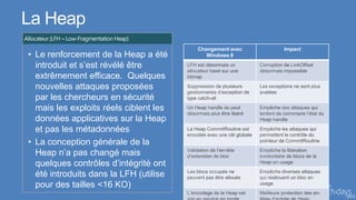 La Heap
                                        Changement avec   Impact
• Le renforcement de la Heap a été         Windows 8

  introduit et s’est révélé être
  extrêmement efficace. Quelques
  nouvelles attaques proposées
  par les chercheurs en sécurité
  mais les exploits réels ciblent les
  données applicatives sur la Heap
  et pas les métadonnées
• La conception générale de la
  Heap n’a pas changé mais
  quelques contrôles d’intégrité ont
  été introduits dans la LFH (utilise
  pour des tailles <16 KO)
 