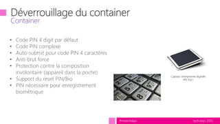 tech.days 2015#mstechdays
Container
• Code PIN 4 digit par défaut
• Code PIN complexe
• Auto-submit pour code PIN 4 caract...