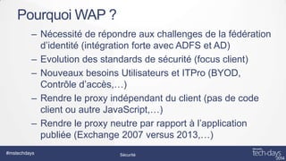 Pourquoi WAP ?
– Nécessité de répondre aux challenges de la fédération
d’identité (intégration forte avec ADFS et AD)
– Evolution des standards de sécurité (focus client)
– Nouveaux besoins Utilisateurs et ITPro (BYOD,
Contrôle d’accès,…)
– Rendre le proxy indépendant du client (pas de code
client ou autre JavaScript,…)
– Rendre le proxy neutre par rapport à l’application
publiée (Exchange 2007 versus 2013,…)
#mstechdays

Sécurité

 