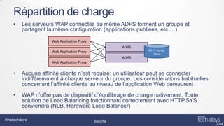 Répartition de charge
•

Les serveurs WAP connectés au même ADFS forment un groupe et
partagent la même configuration (applications publiées, etc …)
Web Application Proxy
AD FS
Web Application Proxy

AD FS Config.
Store

AD FS
Web Application Proxy

•

Aucune affinité cliente n’est requise: un utilisateur peut se connecter
indifféremment à chaque serveur du groupe. Les considérations habituelles
concernant l’affinité cliente au niveau de l’application Web demeurent

•

WAP n’offre pas de dispositif d’équilibrage de charge nativement. Toute
solution de Load Balancing fonctionnant correctement avec HTTP.SYS
conviendra (NLB, Hardware Load Balancer)

#mstechdays

Sécurité

 