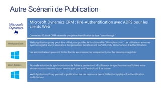 Autre Scénarii de Publication
Microsoft Dynamics CRM : Pré-Authentification avec ADFS pour les
clients Web

Workplace Join

Web Application proxy peut être utilisé pour publier la fonctionnalité “Workplace Join”. Les utilisateurs externes
ayant enregistré leur(s) device(s) à l’organisation bénéficieront du SSO et du 2ème facteur d’authentification
Les administrateurs peuvent limiter l’accès aux ressources uniquement pour les devices enregistrés

Work Folders

Nouvelle solution de synchronisation de fichiers permettant à l’utilisateur de synchroniser ses fichiers entre
des ressources internes et son device quel que soit l’endroit où il se trouve
Web Application Proxy permet la publication de ces ressource (work folders) et applique l’authentification
multi-facteur

 