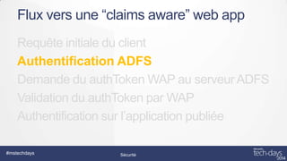 Flux vers une “claims aware” web app
Requête initiale du client
Authentification ADFS
Demande du authToken WAP au serveur ADFS
Validation du authToken par WAP
Authentification sur l’application publiée
#mstechdays

Sécurité

 