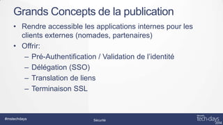 Grands Concepts de la publication
• Rendre accessible les applications internes pour les
clients externes (nomades, partenaires)
• Offrir:
– Pré-Authentification / Validation de l’identité
– Délégation (SSO)
– Translation de liens
– Terminaison SSL

#mstechdays

Sécurité

 