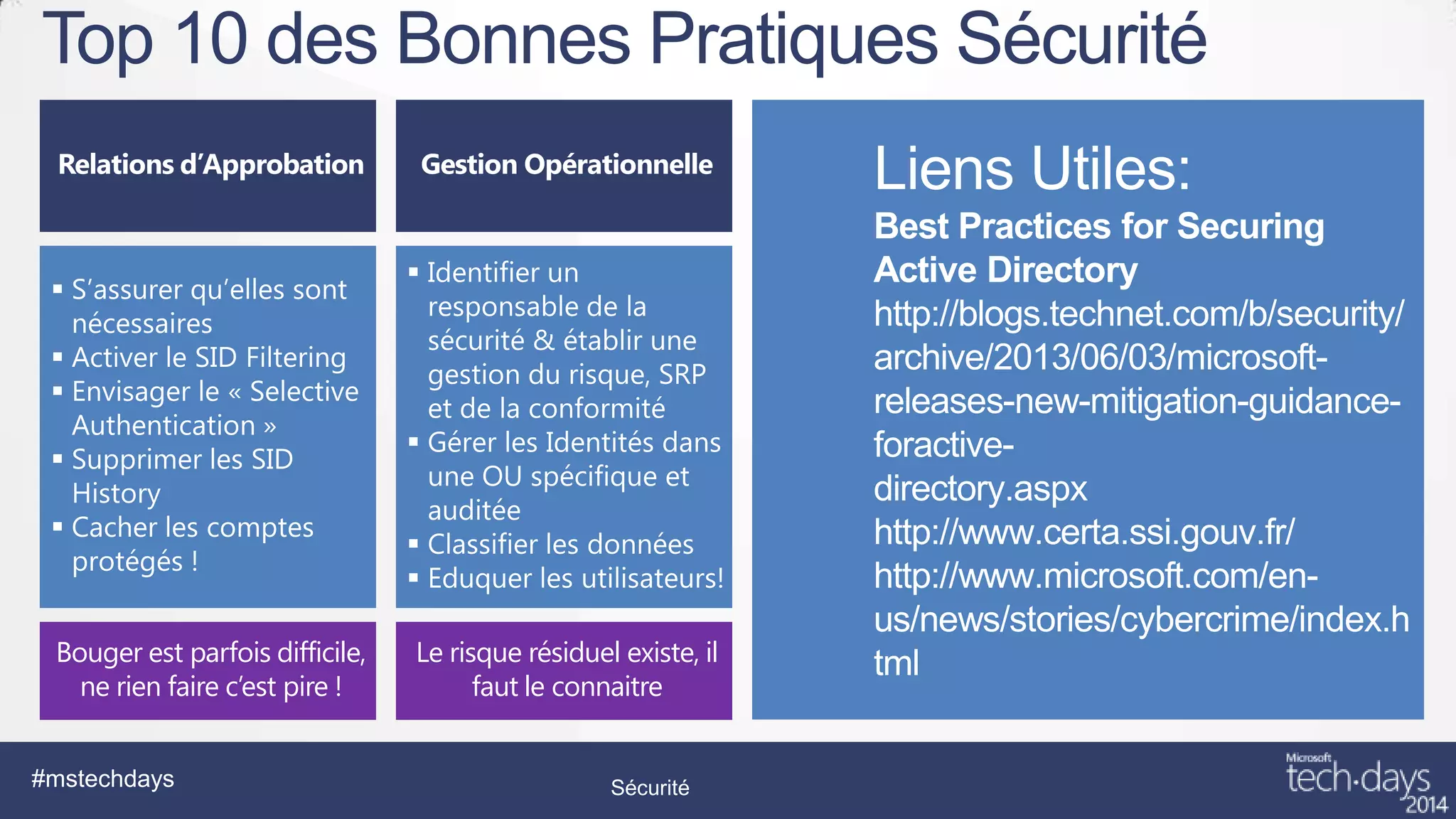 Top 10 des Bonnes Pratiques Sécurité

Bouger est parfois difficile,
ne rien faire c’est pire !
#mstechdays

Le risque résiduel existe, il
faut le connaitre

Sécurité

 