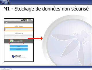 8
M1 - Stockage de données non sécurisé
Friday, February 15, 13
 