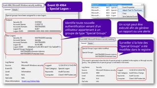 Indicate what groups are
“special” by listing them in a
custom registry key as a string
value, using group SID, Separate
groups by semi-colon (;)
Identifie toute nouvelle
authentification venant d'un
utilisateur appartenant à un
groupe de type "Special Groups"
Event ID 4964
« Special Logon »
Surveiller si la liste des
"Special Groups" a été
modifiée dans le registre
Un script peut être
exécuté afin de générer
un rapport ou une alerte
 