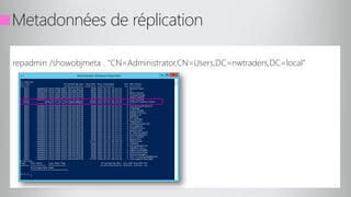 Metadonnées de réplication
repadmin /showobjmeta . "CN=Administrator,CN=Users,DC=nwtraders,DC=local"
 