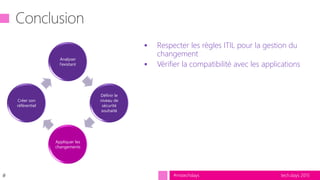tech.days 2015#mstechdays
Analyser
l’existant
Définir le
niveau de
sécurité
souhaité
Appliquer les
changements
Créer son
référentiel
#
 Respecter les règles ITIL pour la gestion du
changement
 Vérifier la compatibilité avec les applications
 