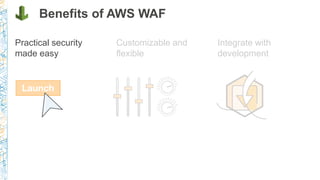 Benefits of AWS WAF
Practical security
made easy
Customizable and
flexible
Integrate with
development
 