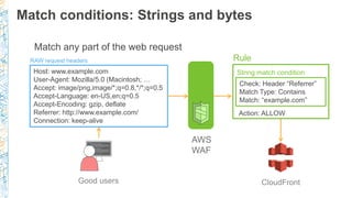 Match conditions: Strings and bytes
Match any part of the web request
Host: www.example.com
User-Agent: Mozilla/5.0 (Macin...