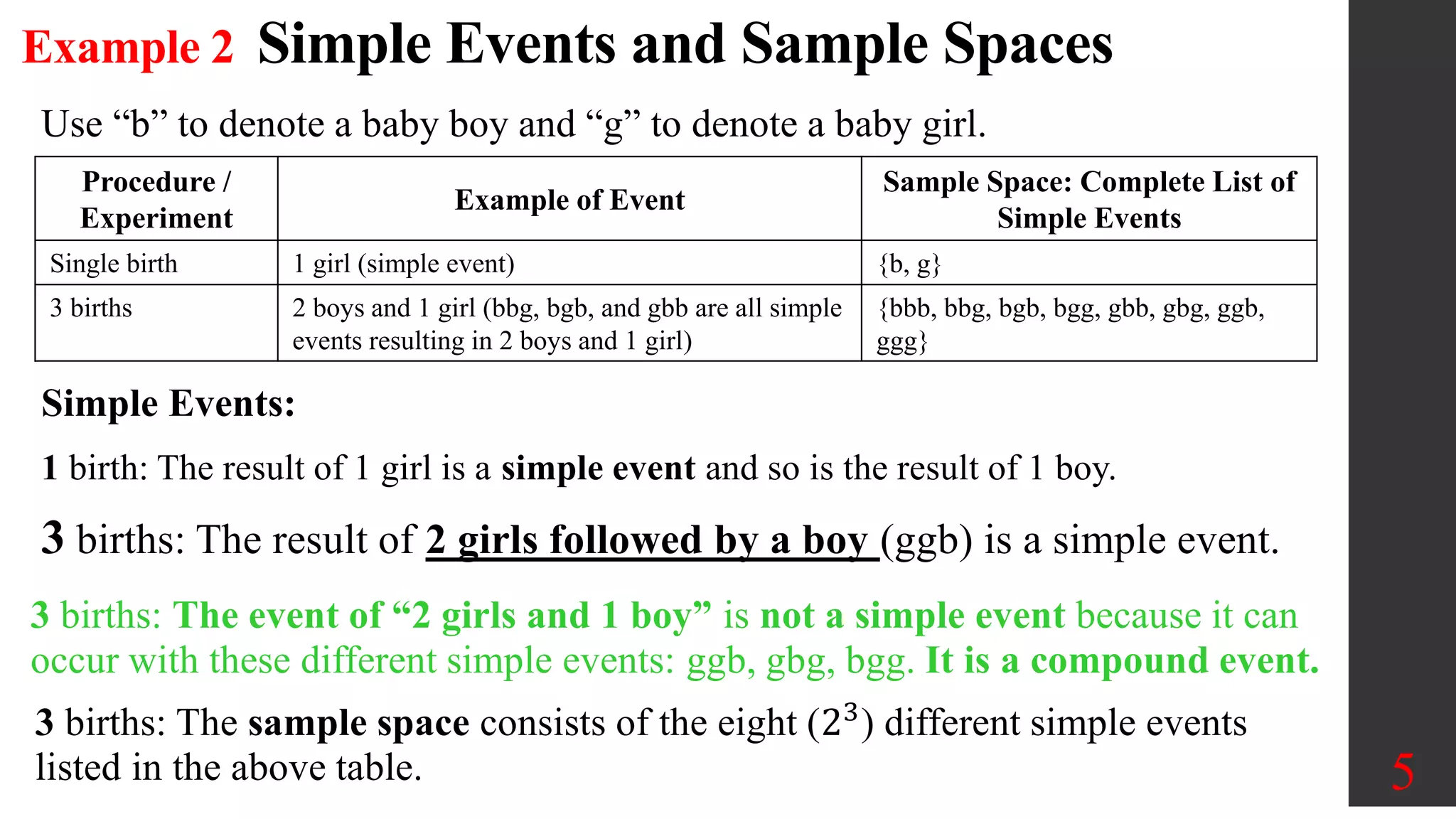 Example 2 Simple Events and Sample Spaces
Use “b” to denote a baby boy and “g” to denote a baby girl.
5
Procedure /
Experiment
Example of Event
Sample Space: Complete List of
Simple Events
Single birth 1 girl (simple event) {b, g}
3 births 2 boys and 1 girl (bbg, bgb, and gbb are all simple
events resulting in 2 boys and 1 girl)
{bbb, bbg, bgb, bgg, gbb, gbg, ggb,
ggg}
Simple Events:
1 birth: The result of 1 girl is a simple event and so is the result of 1 boy.
3 births: The result of 2 girls followed by a boy (ggb) is a simple event.
3 births: The event of “2 girls and 1 boy” is not a simple event because it can
occur with these different simple events: ggb, gbg, bgg. It is a compound event.
3 births: The sample space consists of the eight (23
) different simple events
listed in the above table.
 