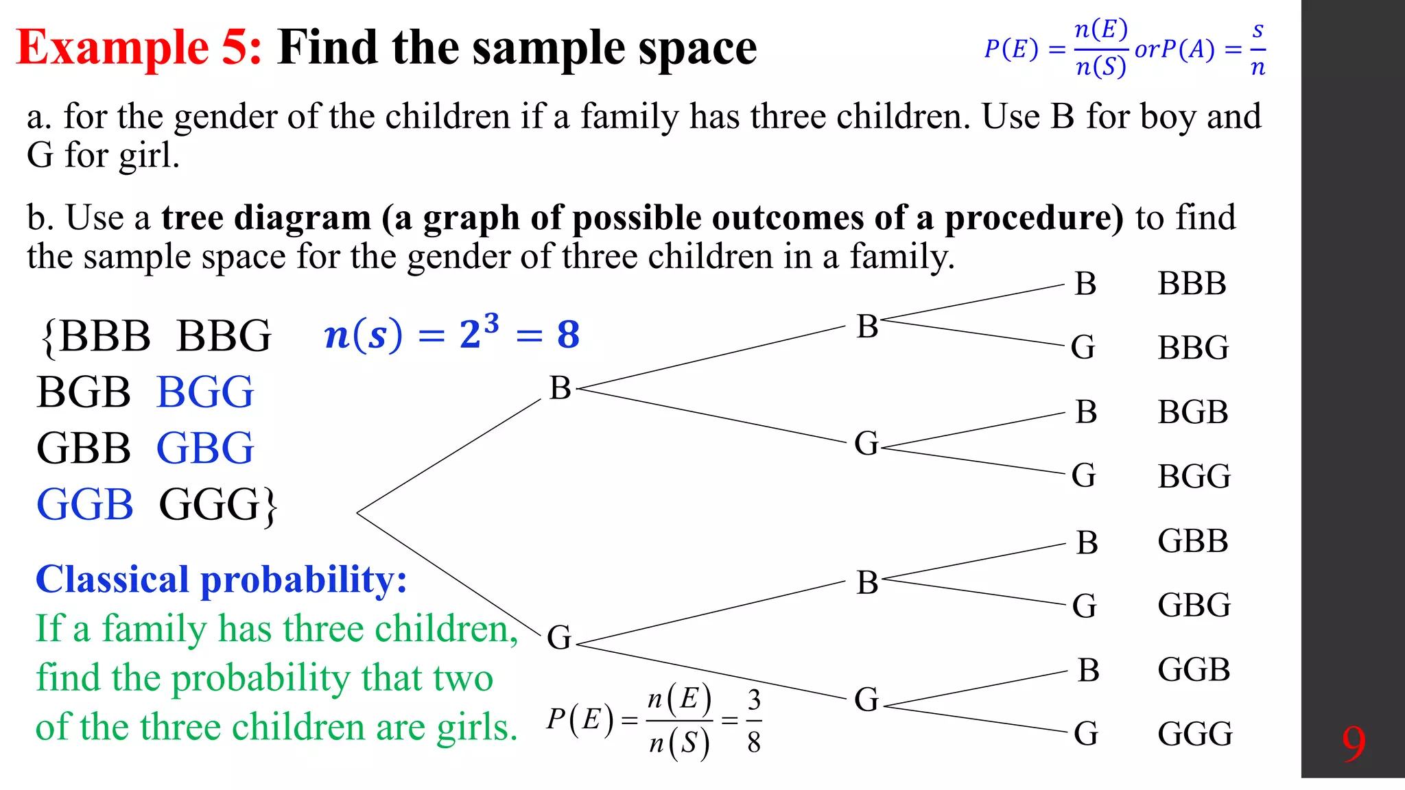 Example 5: Find the sample space
9
a. for the gender of the children if a family has three children. Use B for boy and
G for girl.
b. Use a tree diagram (a graph of possible outcomes of a procedure) to find
the sample space for the gender of three children in a family.
{BBB BBG
BGB BGG
GBB GBG
GGB GGG}
𝒏 𝒔 = 𝟐𝟑
= 𝟖
B
G
B
G
B
G
B
G
B
G
B
G
B
G
BBB
BBG
BGB
BGG
GBB
GBG
GGB
GGG
Classical probability:
If a family has three children,
find the probability that two
of the three children are girls.  
 
 
3
8
n E
P E
n S
 
𝑃 𝐸 =
𝑛 𝐸
𝑛 𝑆
𝑜𝑟𝑃(𝐴) =
𝑠
𝑛
 