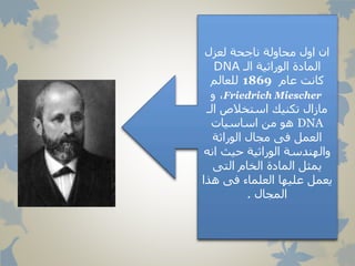 ‫لعزل‬ ‫ناجحة‬ ‫محاولة‬ ‫اول‬ ‫ان‬
‫الوراثية‬ ‫المادة‬‫ال‬‫ـ‬DNA
‫عام‬ ‫كانت‬1869‫للعالم‬
Friedrich Miescher‫و‬ ،
‫استخالص‬ ‫تكنيك‬ ‫مازال‬‫الـ‬
DNA‫اساسيات‬ ‫من‬ ‫هو‬
‫الوراثة‬ ‫مجال‬ ‫فى‬ ‫العمل‬
‫ان‬ ‫حيث‬ ‫الوراثية‬ ‫والهندسة‬‫ه‬
‫التى‬ ‫الخام‬ ‫المادة‬ ‫يمثل‬
‫هذ‬ ‫فى‬ ‫العلماء‬ ‫عليها‬ ‫يعمل‬‫ا‬
‫المجال‬.
 