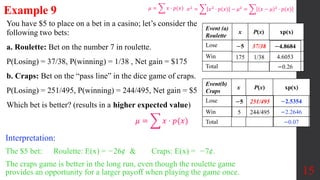 You have $5 to place on a bet in a casino; let’s consider the
following two bets:
a. Roulette: Bet on the number 7 in roulette.
P(Losing) = 37/38, P(winning) = 1/38 , Net gain = $175
b. Craps: Bet on the “pass line” in the dice game of craps.
P(Losing) = 251/495, P(winning) = 244/495, Net gain = $5
Which bet is better? (results in a higher expected value)
15
Example 9
Event (a)
Roulette
x P(x) xp(x)
Lose
Win
Total
Event(b)
Craps
x P(x) xp(x)
Lose
Win
Total
Interpretation:
The $5 bet: Roulette: E(x) = −26¢ & Craps: E(x) = −7¢.
The craps game is better in the long run, even though the roulette game
provides an opportunity for a larger payoff when playing the game once.
−4.8684
4.6053
−0.26
−2.5354
−2.2646
−0.07
−5 37/38
175 1/38
−5 251/495
5 244/495
𝜇 = 𝑥 ⋅ 𝑝(𝑥) 𝜎2
= 𝑥2
⋅ 𝑝(𝑥) − 𝜇2
= (𝑥 − 𝜇)2
⋅ 𝑝(𝑥)
𝜇 = 𝑥 ⋅ 𝑝(𝑥)
 