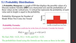 A Probability Histogram is a graph of PD that displays the possible values of a
Discrete random Variable (DRV) on a horizontal axis and the probabilities of
those values on the vertical axis. A vertical bar represents the probability of each
value and its height is equal to the probability.
Probability Histogram for Number of
Heads When Two Coins Are Tossed
8
5.1 Probability Distributions
Probability Formula:
A probability distribution could also be in the form of a formula. Consider the formula
We find: P(0) = 0.25, P(1) = 0.50, and P(2) = 0.25.
The probabilities found using this formula are the same as those in the table.
𝑃 𝑥 =
1
2 2 − 𝑥 ! 𝑥!
, 𝑥 = 0, 1, 𝑜𝑟 2
 