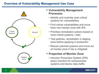 49
Overview of Vulnerability Management Use Case
 Vulnerability Management
Processes
• Identify and routinely scan critical
systems for vulnerabilities
• Find critical vulnerabilities and move
them into monitor zone with IPS
• Prioritize remediation actions based on
most critical systems / risks
• Test patches, remediation in staging
zone before applying in production
• Rescan patched systems and move out
of monitor zone if risk is mitigated
 Properties of Monitor Zone
• Intrusion Prevention System (IPS)
policy monitors for compromised
systems and blocks risky traffic
Critical
Systems
Monitor
✔
Staging
Zone ✔
 