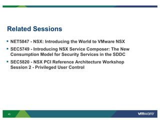 45
Related Sessions
 NET5847 - NSX: Introducing the World to VMware NSX
 SEC5749 - Introducing NSX Service Composer: The New
Consumption Model for Security Services in the SDDC
 SEC5820 - NSX PCI Reference Architecture Workshop
Session 2 - Privileged User Control
 