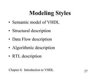 Modeling Styles Semantic model of VHDL Structural description Data Flow description Algorithmic description RTL description 