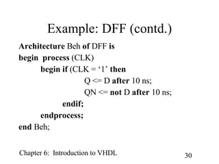 Example: DFF (contd.) Architecture  Beh  of  DFF  is begin   process  (CLK) begin if  (CLK = ‘1’  then Q <= D  after  10 ns; QN <=  not  D  after  10 ns; endif; endprocess; end  Beh; 