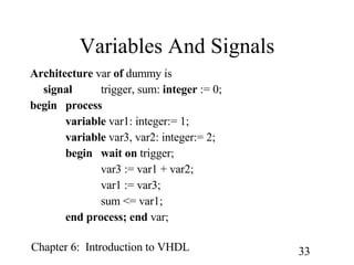 Variables And Signals Architecture  var  of  dummy is signal trigger, sum:  integer  := 0; begin process variable  var1: integer:= 1; variable  var3, var2: integer:= 2; begin wait on  trigger; var3 := var1 + var2; var1 := var3; sum <= var1; end process; end  var; 