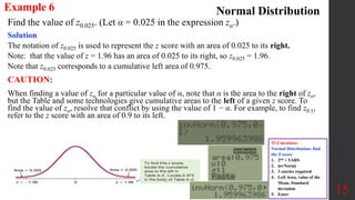 Find the value of z0.025. (Let α = 0.025 in the expression zα.)
15
Example 6 Normal Distribution
Solution
The notation of z0.025 is used to represent the z score with an area of 0.025 to its right.
Note: that the value of z = 1.96 has an area of 0.025 to its right, so z0.025 = 1.96.
Note that z0.025 corresponds to a cumulative left area of 0.975.
CAUTION:
When finding a value of zα for a particular value of α, note that α is the area to the right of zα,
but the Table and some technologies give cumulative areas to the left of a given z score. To
find the value of zα, resolve that conflict by using the value of 1 − α. For example, to find z0.1,
refer to the z score with an area of 0.9 to its left.
TI Calculator:
Normal Distribution: find
the Z-score
1. 2nd + VARS
2. invNorm(
3. 3 entries required
4. Left Area, value of the
Mean, Standard
deviation
5. Enter
 