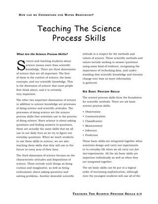 HOW CAN WE UNDERSTAND OUR WATER RESOURCES?
Teaching The Science
Process Skills
What Are the Science Process Skills?
S
cience and teaching students about
science means more than scientiﬁc
knowledge. There are three dimensions
of science that are all important. The ﬁrst
of these is the content of science, the basic
concepts, and our scientiﬁc knowledge. This
is the dimension of science that most people
ﬁrst think about, and it is certainly
very important.
The other two important dimensions of science
in addition to science knowledge are processes
of doing science and scientiﬁc attitudes. The
processes of doing science are the science
process skills that scientists use in the process
of doing science. Since science is about asking
questions and ﬁnding answers to questions,
these are actually the same skills that we all
use in our daily lives as we try to ﬁgure out
everyday questions. When we teach students
to use these skills in science, we are also
teaching them skills that they will use in the
future in every area of their lives.
The third dimension of science focuses on the
characteristic attitudes and dispositions of
science. These include such things as being
curious and imaginative, as well as being
enthusiastic about asking questions and
solving problems. Another desirable scientiﬁc
attitude is a respect for the methods and
values of science. These scientiﬁc methods and
values include seeking to answer questions
using some kind of evidence, recognizing the
importance of rechecking data, and under-
standing that scientiﬁc knowledge and theories
change over time as more information
is gathered.
SIX BASIC PROCESS SKILLS
The science process skills form the foundation
for scientiﬁc methods. There are six basic
science process skills:
• Observation
• Communication
• Classiﬁcation
• Measurement
• Inference
• Prediction
These basic skills are integrated together when
scientists design and carry out experiments
or in everyday life when we all carry out fair
test experiments. All the six basic skills are
important individually as well as when they
are integrated together.
The six basic skills can be put in a logical
order of increasing sophistication, although
even the youngest students will use all of the
TEACHING THE SCIENCE PROCESS SKILLS 6/5
 