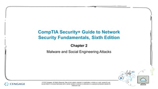 1
CompTIA Security+ Guide to Network
Security Fundamentals, Sixth Edition
Chapter 2
Malware and Social Engineering Attacks
© 2018 Cengage. All Rights Reserved. May not be copied, scanned, or duplicated, in whole or in part, except for use
as permitted in a license distributed with a certain product or service or otherwise on a password-protected website for
classroom use.
 