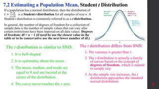 If a population has a normal distribution, then the distribution of
𝑡 =
𝑥−𝜇
𝑠/ 𝑛
is a Student t distribution for all samples of size n. A
Student t distribution is commonly referred to as a t distribution.
In general, the number of degrees of freedom for a collection of
sample data is the number of sample values that can vary after
certain restrictions have been imposed on all data values. Degrees
of freedom: df = n − 1 (if need be use the closest value in the
table or to be conservative use the next lower number of df.)
7.2 Estimating a Population Mean, Student t Distribution
The t distribution is similar to SND:
1. It is bell-shaped.
2. It is symmetric about the mean.
3. The mean, median, and mode are
equal to 0 and are located at the
center of the distribution.
4. The curve never touches the x axis. 5
The t distribution differs from SND:
1. The variance is greater than 1.
2. The t distribution is actually a family
of curves based on the concept of
degrees of freedom, which is related
to sample size.
3. As the sample size increases, the t
distribution approaches the standard
normal distribution.
 