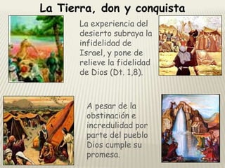 La Tierra, don y conquista
La experiencia del
desierto subraya la
infidelidad de
Israel, y pone de
relieve la fidelidad
de Dios (Dt. 1,8).

A pesar de la
obstinación e
incredulidad por
parte del pueblo
Dios cumple su
promesa.

 