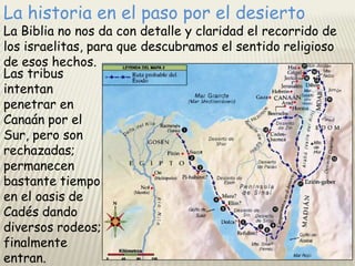 La historia en el paso por el desierto

La Biblia no nos da con detalle y claridad el recorrido de
los israelitas, para que descubramos el sentido religioso
de esos hechos.
Las tribus
intentan
penetrar en
Canaán por el
Sur, pero son
rechazadas;
permanecen
bastante tiempo
en el oasis de
Cadés dando
diversos rodeos;
finalmente
entran.

 
