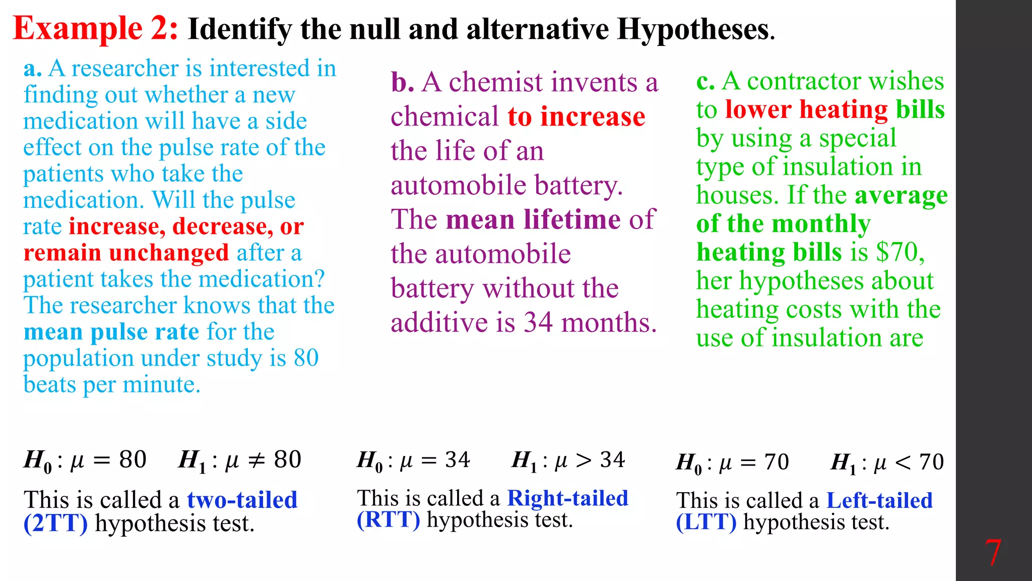 a. A researcher is interested in
finding out whether a new
medication will have a side
effect on the pulse rate of the
patients who take the
medication. Will the pulse
rate increase, decrease, or
remain unchanged after a
patient takes the medication?
The researcher knows that the
mean pulse rate for the
population under study is 80
beats per minute.
Example 2: Identify the null and alternative Hypotheses.
H0 : 𝜇 = 80 H1 : 𝜇 ≠ 80
This is called a two-tailed
(2TT) hypothesis test.
7
b. A chemist invents a
chemical to increase
the life of an
automobile battery.
The mean lifetime of
the automobile
battery without the
additive is 34 months.
H0 : 𝜇 = 34 H1 : 𝜇 > 34
This is called a Right-tailed
(RTT) hypothesis test.
c. A contractor wishes
to lower heating bills
by using a special
type of insulation in
houses. If the average
of the monthly
heating bills is $70,
her hypotheses about
heating costs with the
use of insulation are
H0 : 𝜇 = 70 H1 : 𝜇 < 70
This is called a Left-tailed
(LTT) hypothesis test.
 